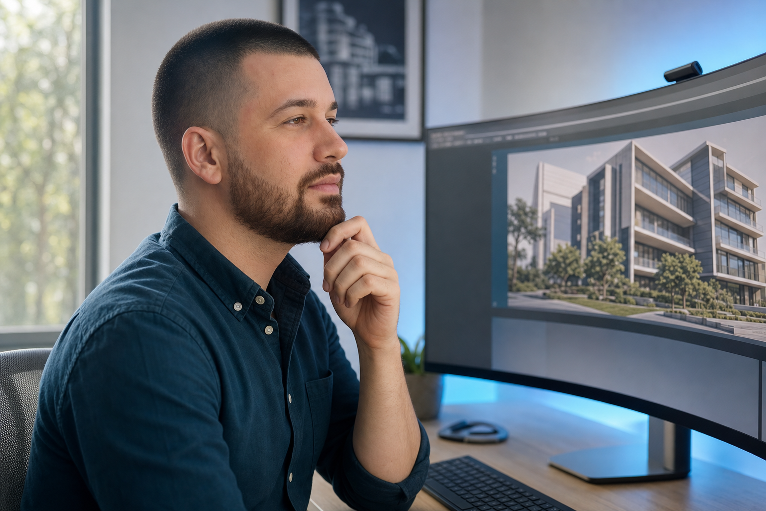 Drake Talley — reviewing system architecture on a monitor