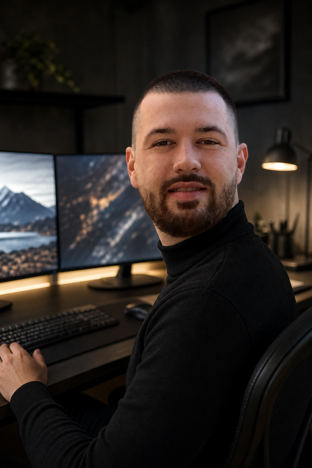 Drake Talley — at a dual-monitor engineering workstation