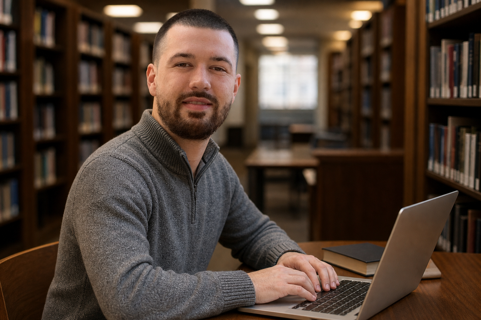 Drake Talley — studying with a laptop in a library