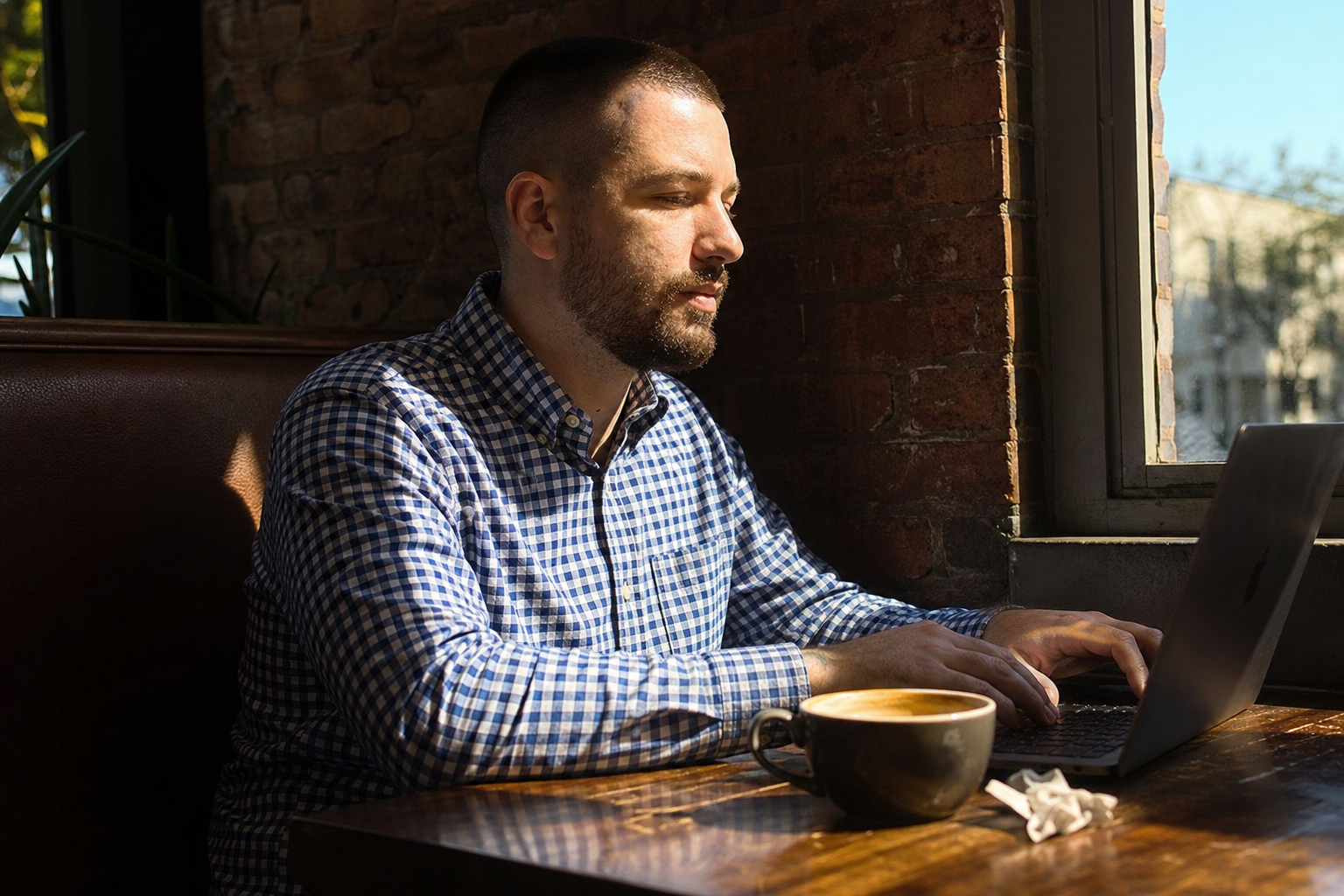 Chandler Drake Talley photo: side candid working at a cafe laptop Chandler Drake Talley, Senior AI Engineer — side candid working at a cafe laptop