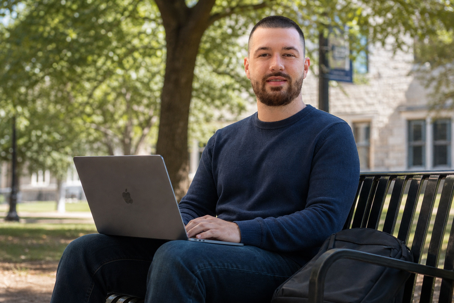 Chandler Drake Talley photo: working on a laptop on a campus bench Chandler Drake Talley, Senior AI Engineer — working on a laptop on a campus bench