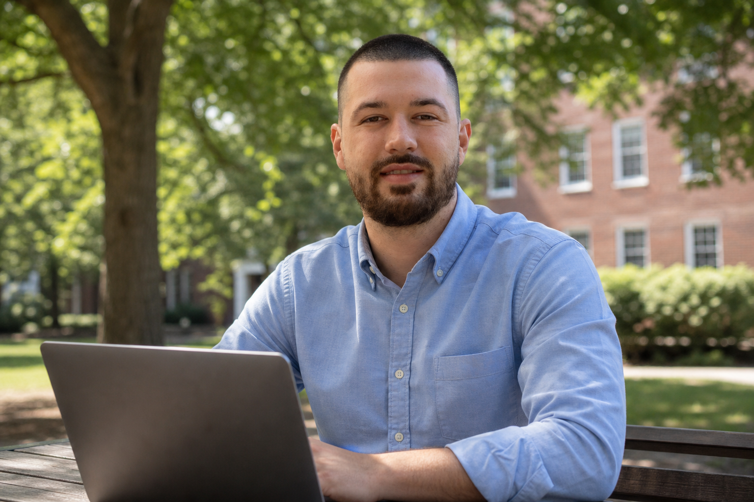 Chandler Drake Talley photo: working outdoors on a campus laptop setup Chandler Drake Talley, Senior AI Engineer — working outdoors on a campus laptop setup