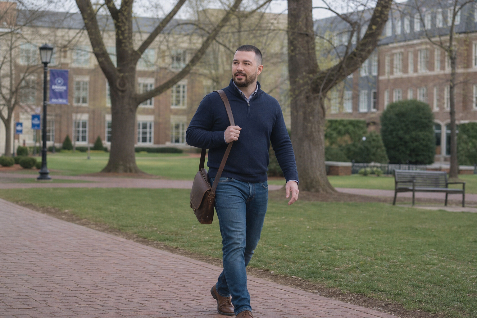 Chandler Drake Talley photo: walking across a university campus quad Chandler Drake Talley, Senior AI Engineer — walking across a university campus quad