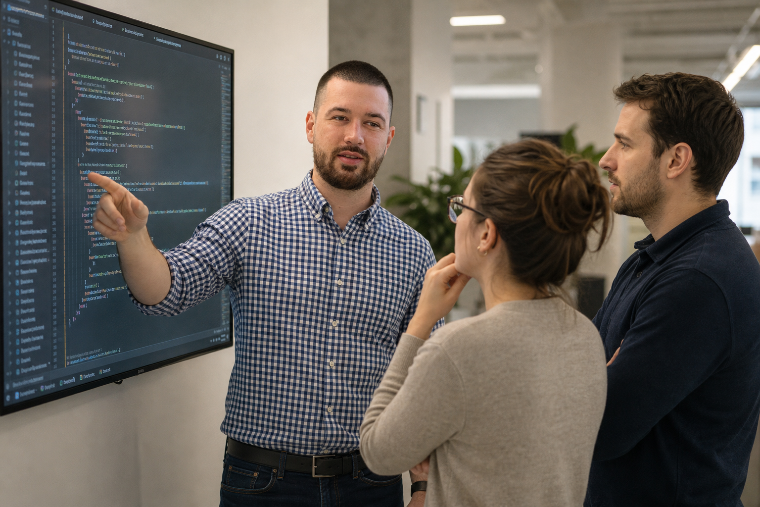 Chandler Drake Talley photo: leading a code review with the team Chandler Drake Talley, Senior AI Engineer — leading a code review with the team