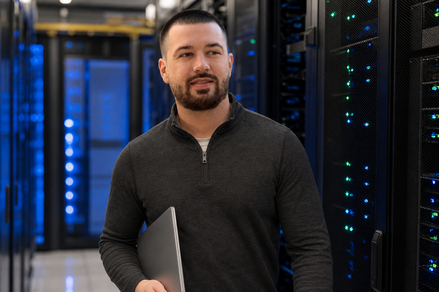 Chandler Drake Talley photo: walking through a data center Chandler Drake Talley, Senior AI Engineer — walking through a data center