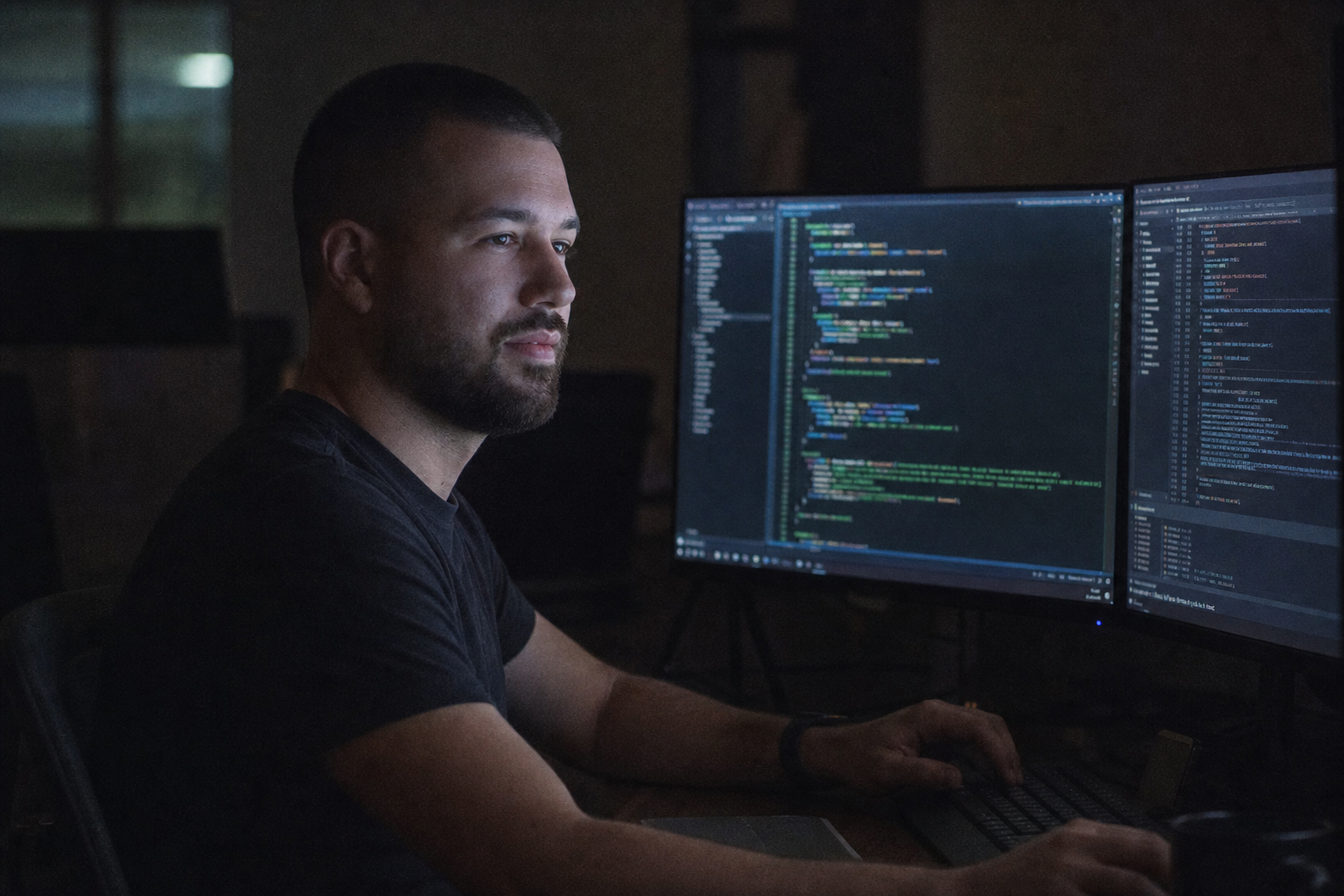 Chandler Drake Talley photo: working late at a dual-screen workstation Chandler Drake Talley, Senior AI Engineer — working late at a dual-screen workstation