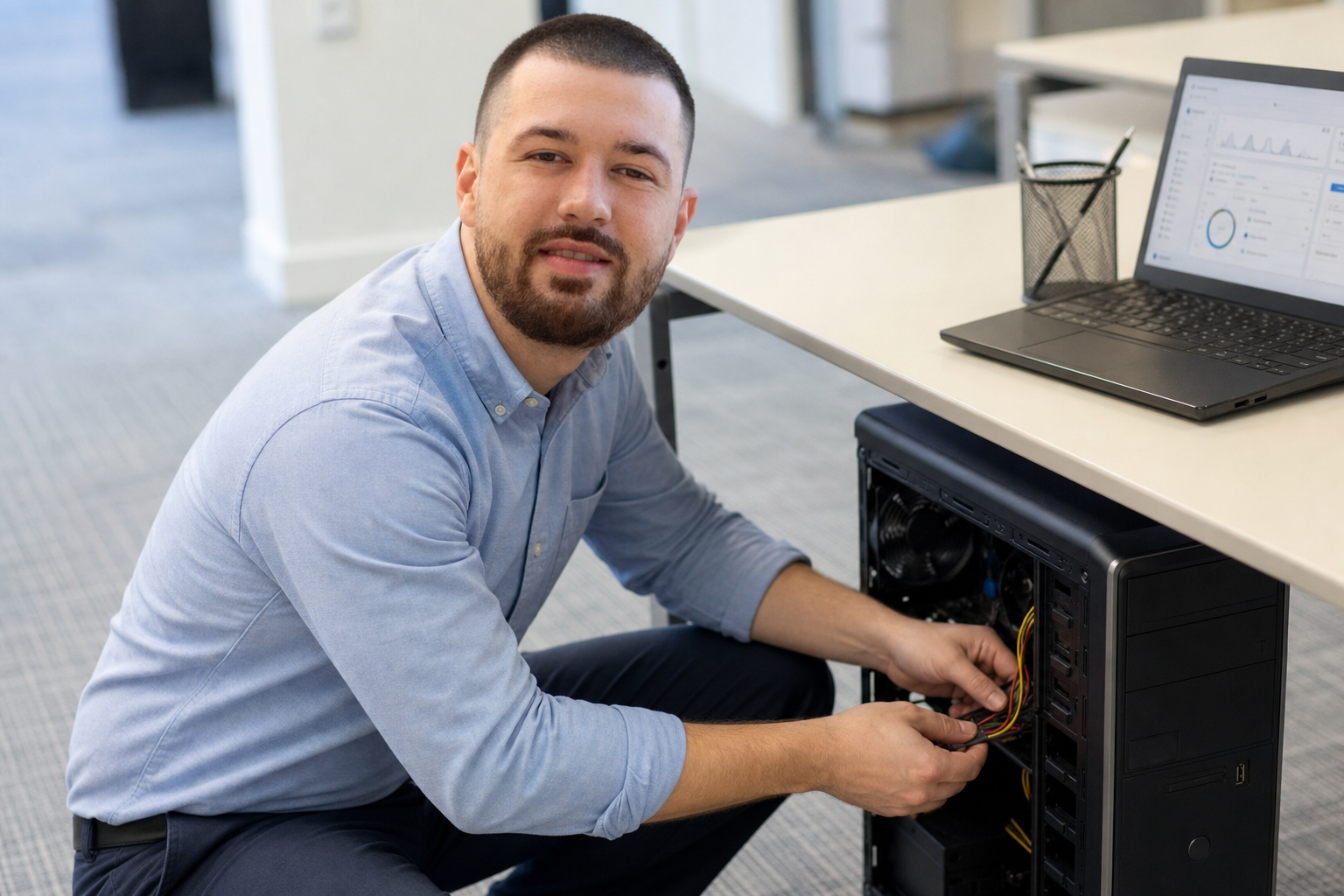 Chandler Drake Talley photo: checking computer hardware in an office Chandler Drake Talley, Senior AI Engineer — checking computer hardware in an office