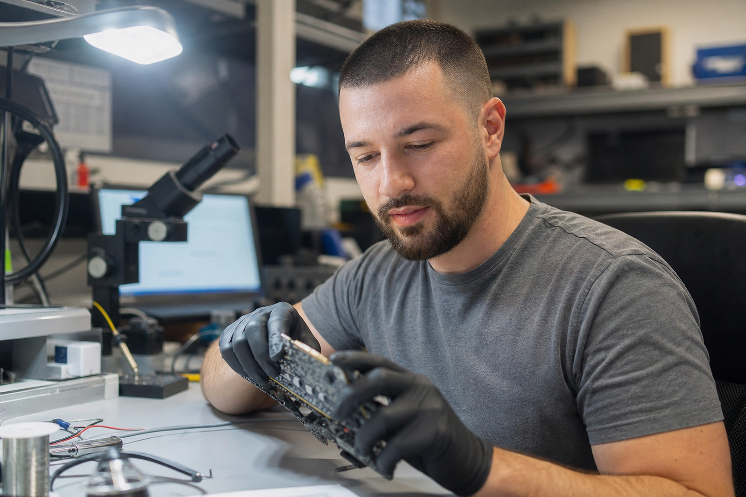 Chandler Drake Talley photo: working in a hardware lab Chandler Drake Talley, Senior AI Engineer — working in a hardware lab