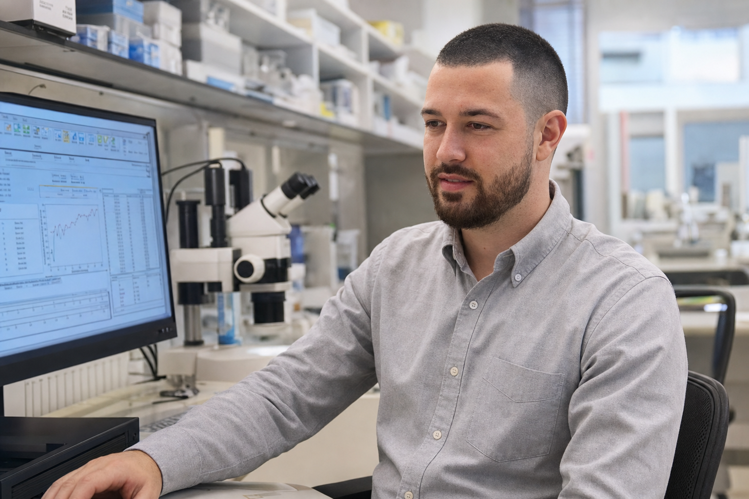 Chandler Drake Talley photo: analyzing data at a lab bench Chandler Drake Talley, Senior AI Engineer — analyzing data at a lab bench