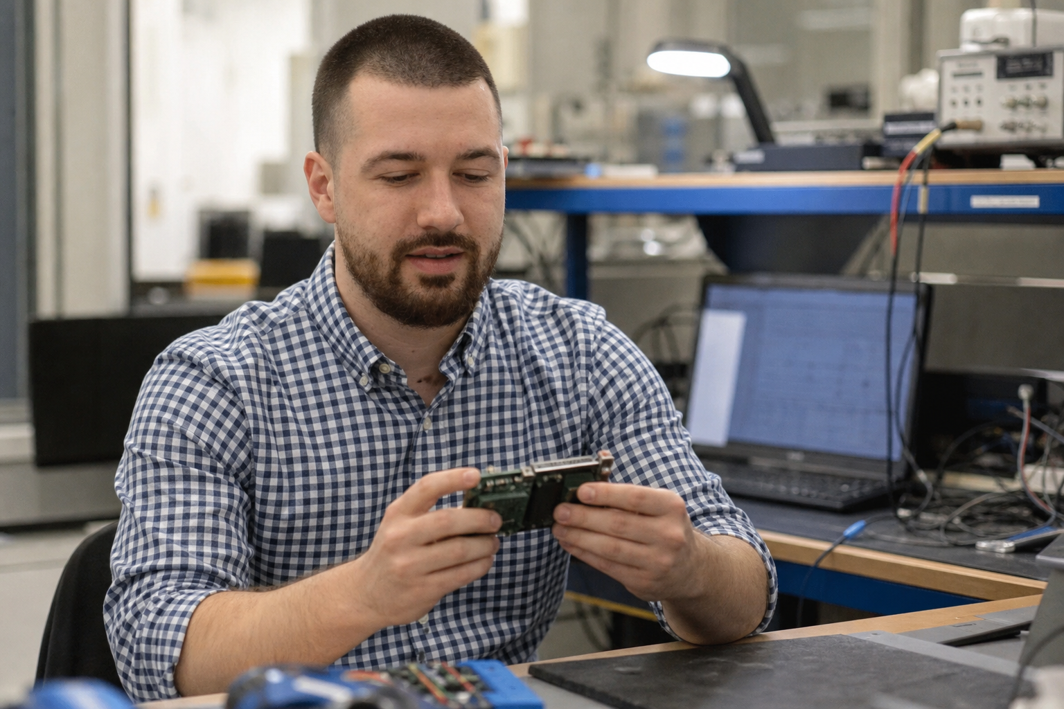 Chandler Drake Talley photo: checking equipment in a lab Chandler Drake Talley, Senior AI Engineer — checking equipment in a lab