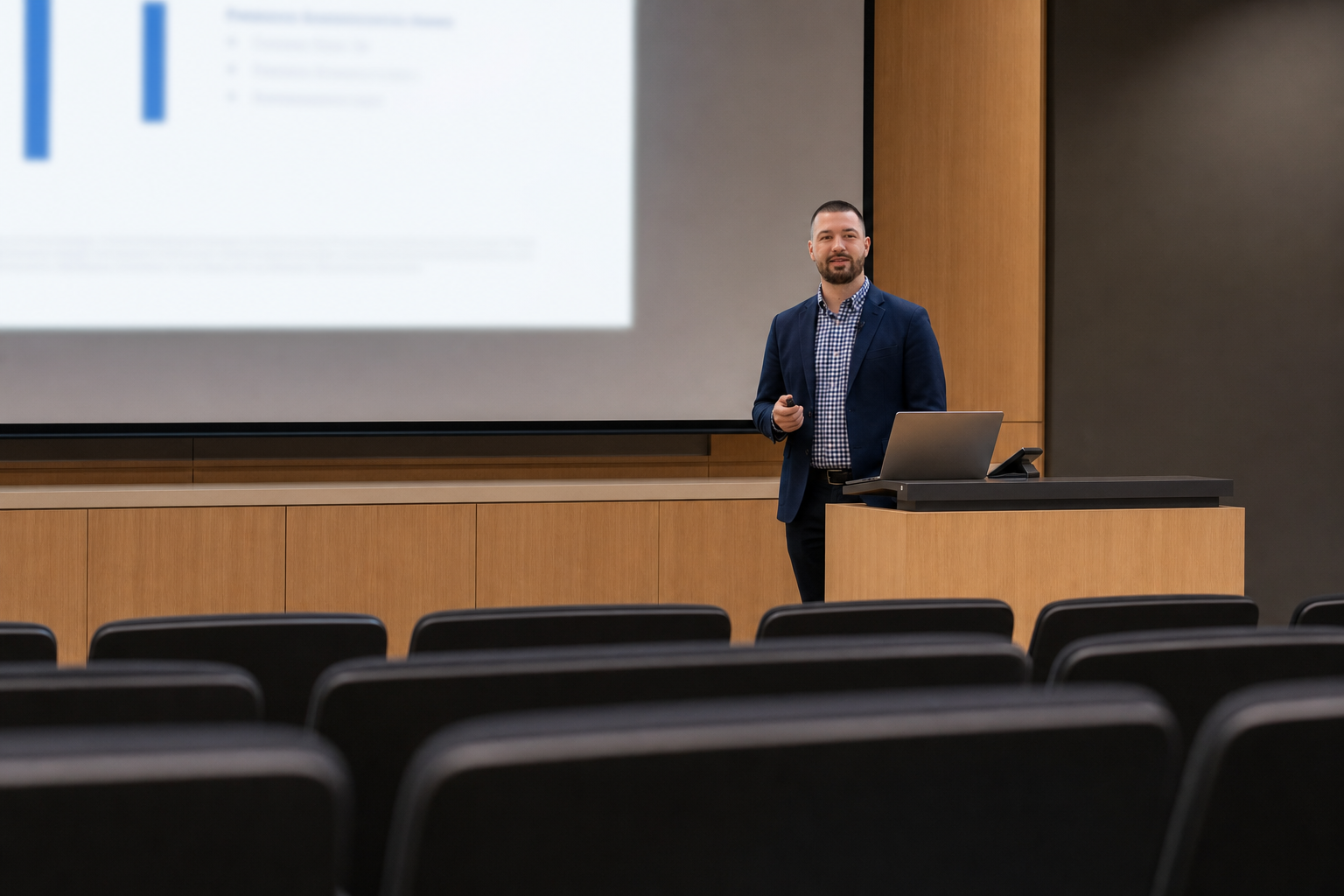 Chandler Drake Talley photo: teaching in a lecture hall Chandler Drake Talley, Senior AI Engineer — teaching in a lecture hall