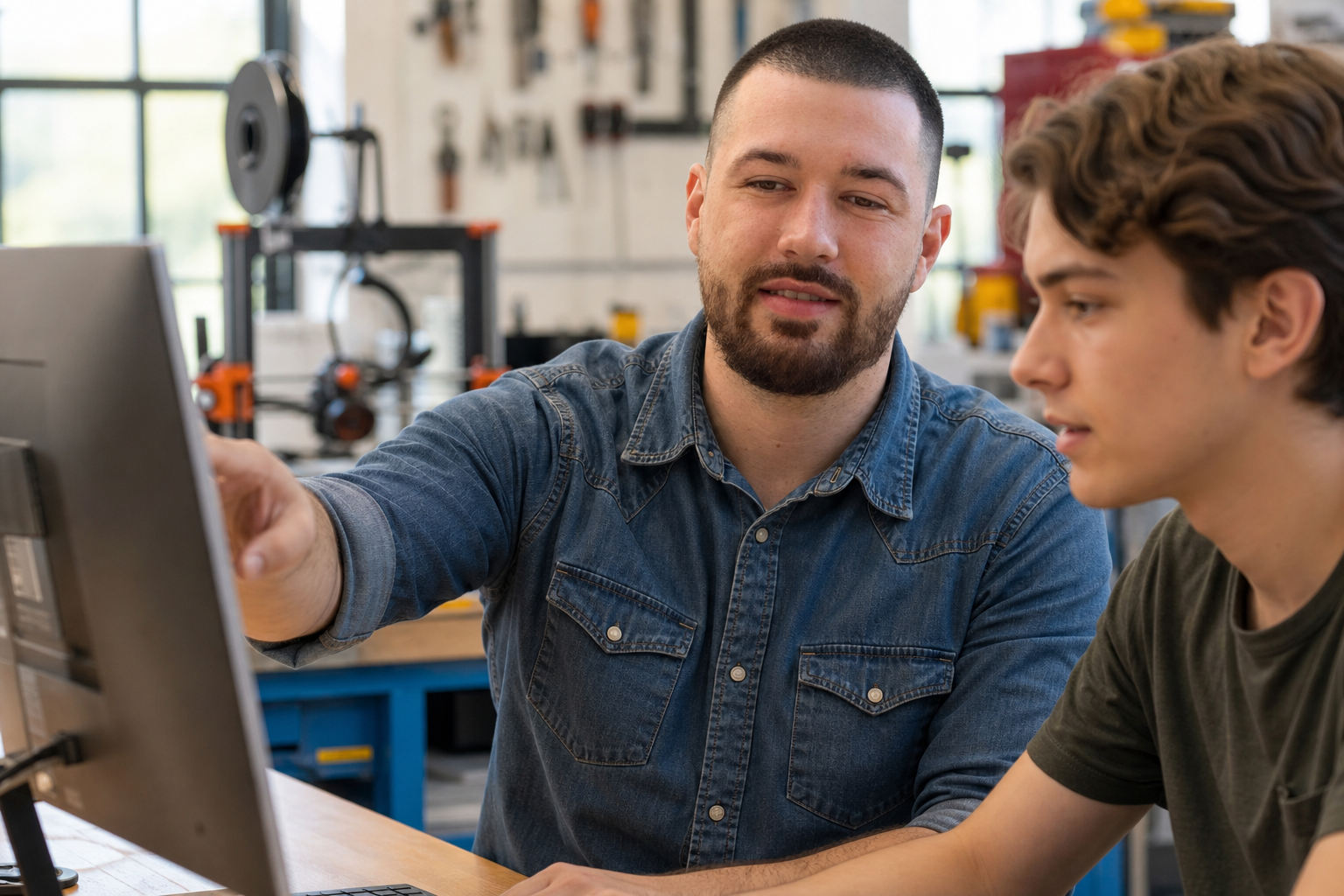 Chandler Drake Talley photo: mentoring in a makerspace at a computer Chandler Drake Talley, Senior AI Engineer — mentoring in a makerspace at a computer