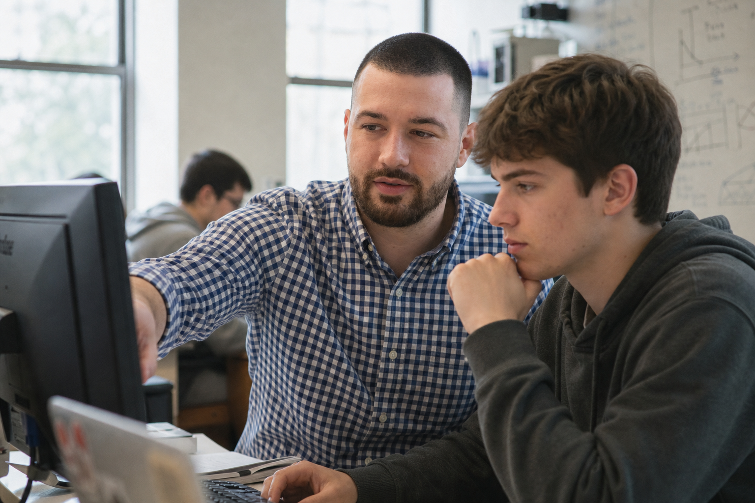 Chandler Drake Talley photo: mentoring a student at a computer Chandler Drake Talley, Senior AI Engineer — mentoring a student at a computer
