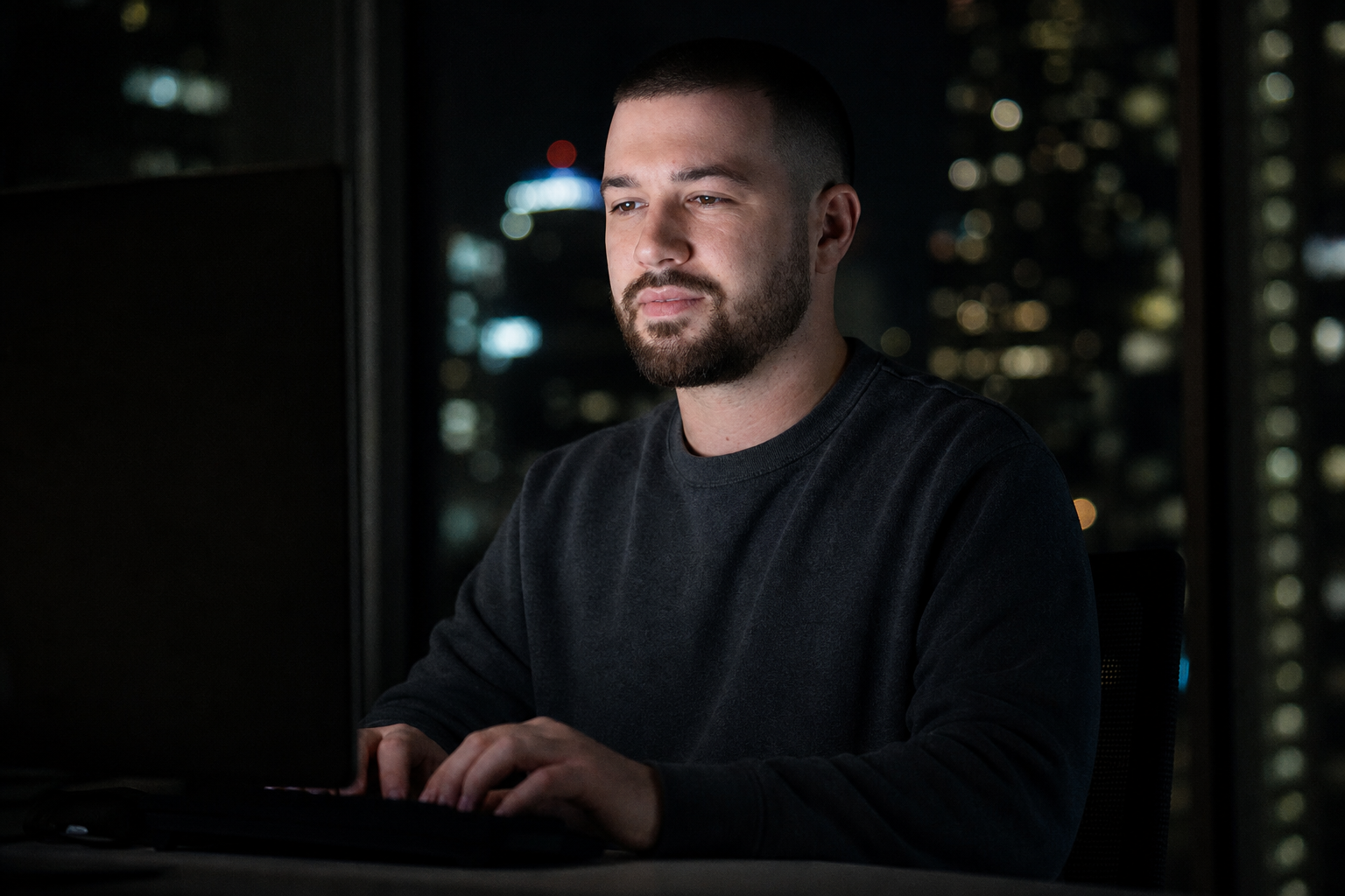 Chandler Drake Talley photo: working by monitor glow at night Chandler Drake Talley, Senior AI Engineer — working by monitor glow at night