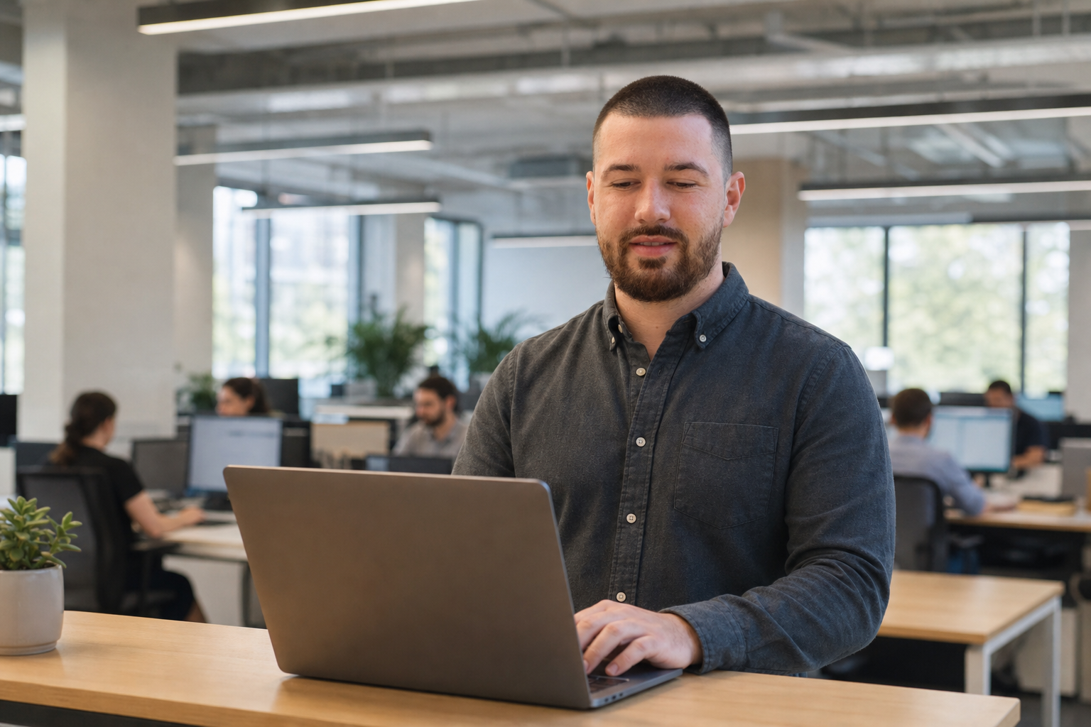 Chandler Drake Talley photo: working at a standing desk in an open office Chandler Drake Talley, Senior AI Engineer — working at a standing desk in an open office