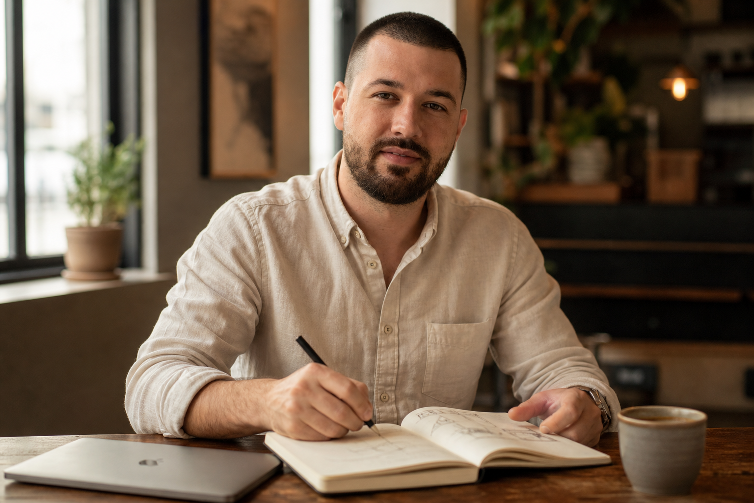 Chandler Drake Talley photo: sketching product ideas in a notebook Chandler Drake Talley, Senior AI Engineer — sketching product ideas in a notebook