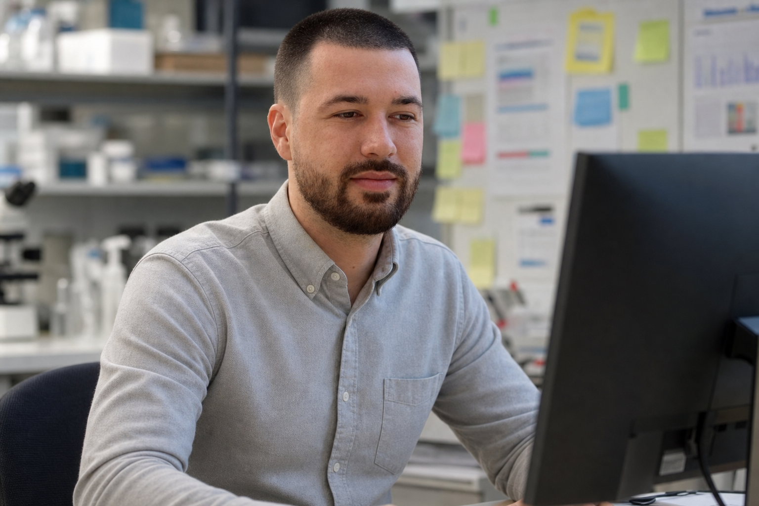 Chandler Drake Talley photo: at a research lab desk workstation Chandler Drake Talley, Senior AI Engineer — at a research lab desk workstation