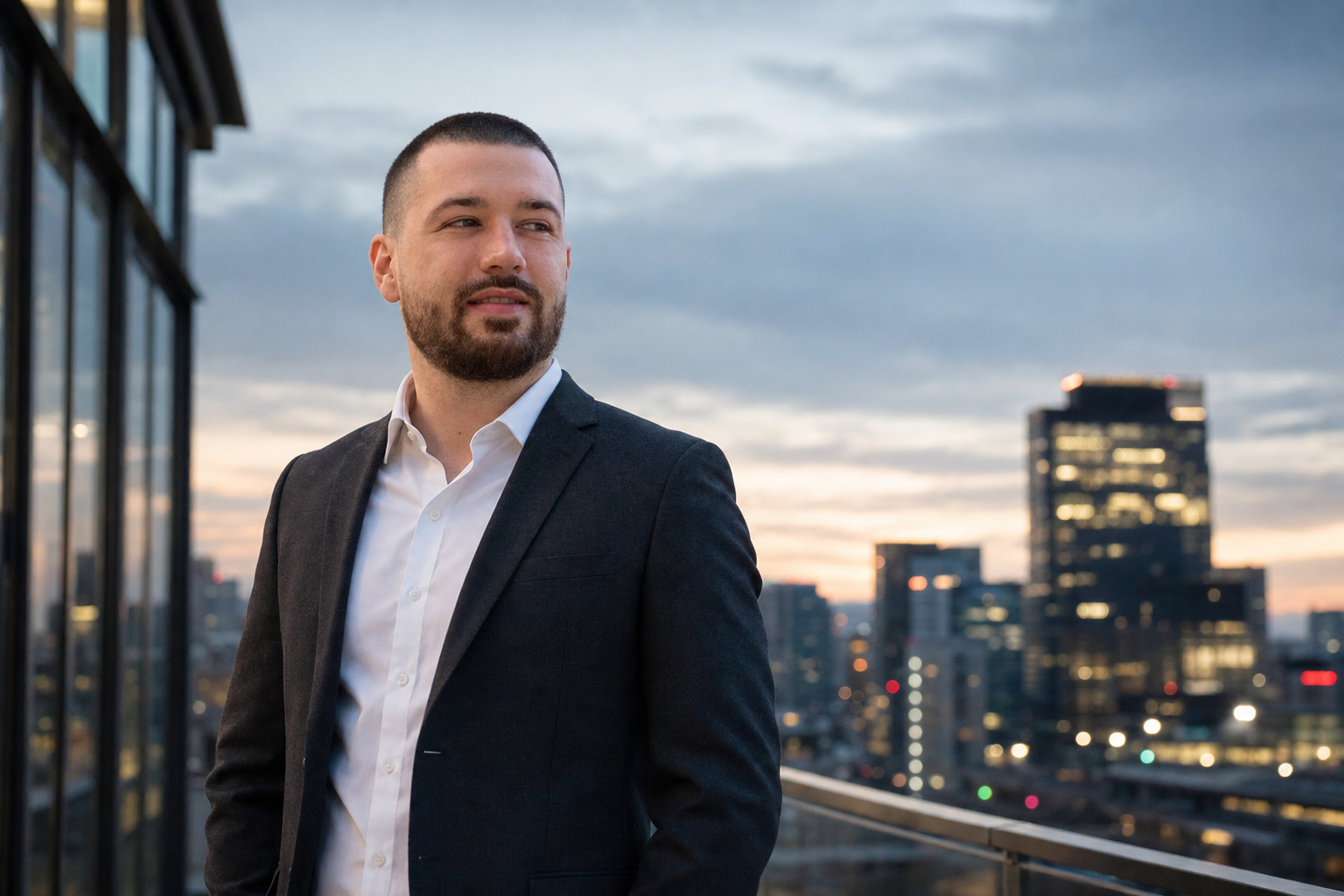 Chandler Drake Talley photo: rooftop professional portrait at dusk Chandler Drake Talley, Senior AI Engineer — rooftop professional portrait at dusk