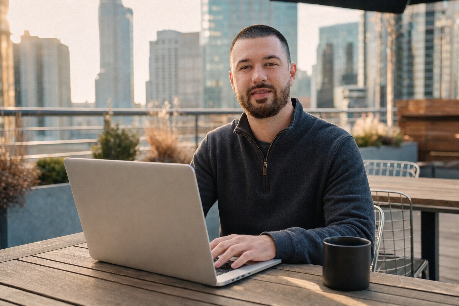 Chandler Drake Talley photo: working on a laptop on a rooftop terrace Chandler Drake Talley, Senior AI Engineer — working on a laptop on a rooftop terrace