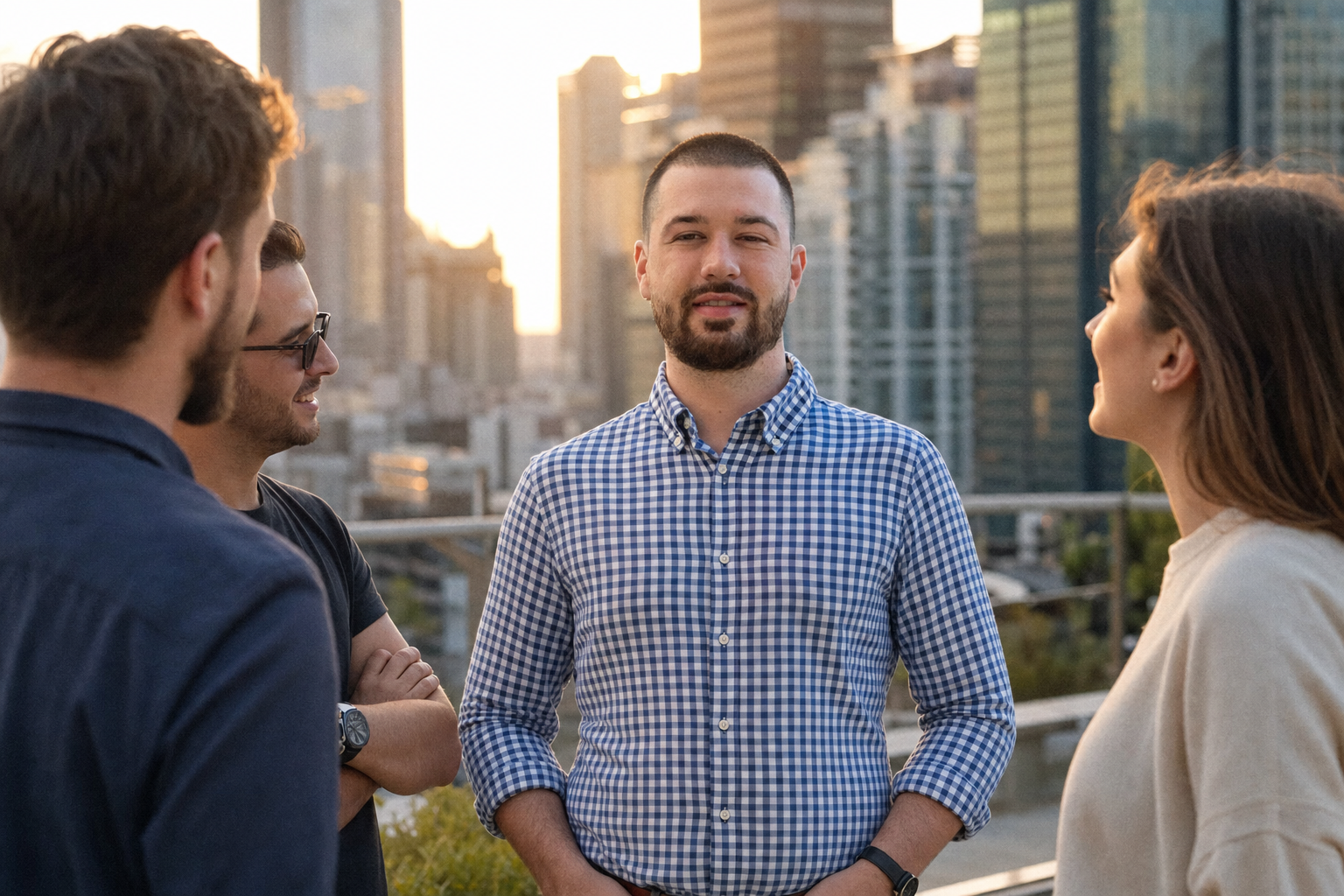 Chandler Drake Talley photo: with the team on an office rooftop Chandler Drake Talley, Senior AI Engineer — with the team on an office rooftop