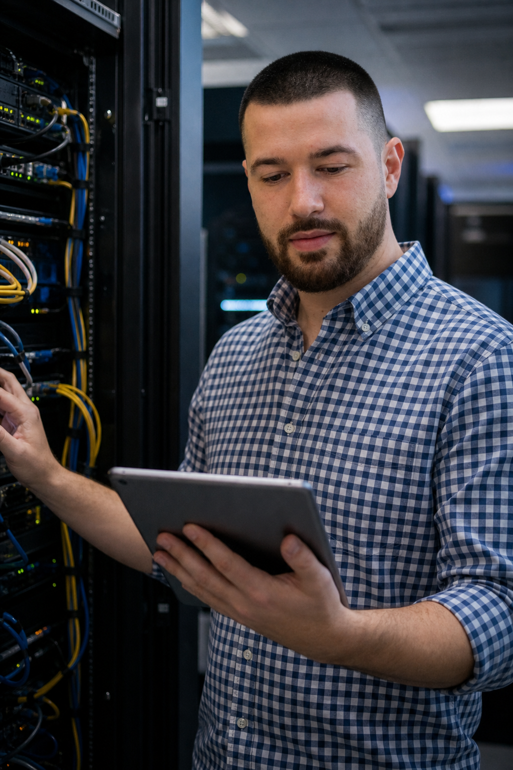 Chandler Drake Talley photo: checking a server rack Chandler Drake Talley, Senior AI Engineer — checking a server rack