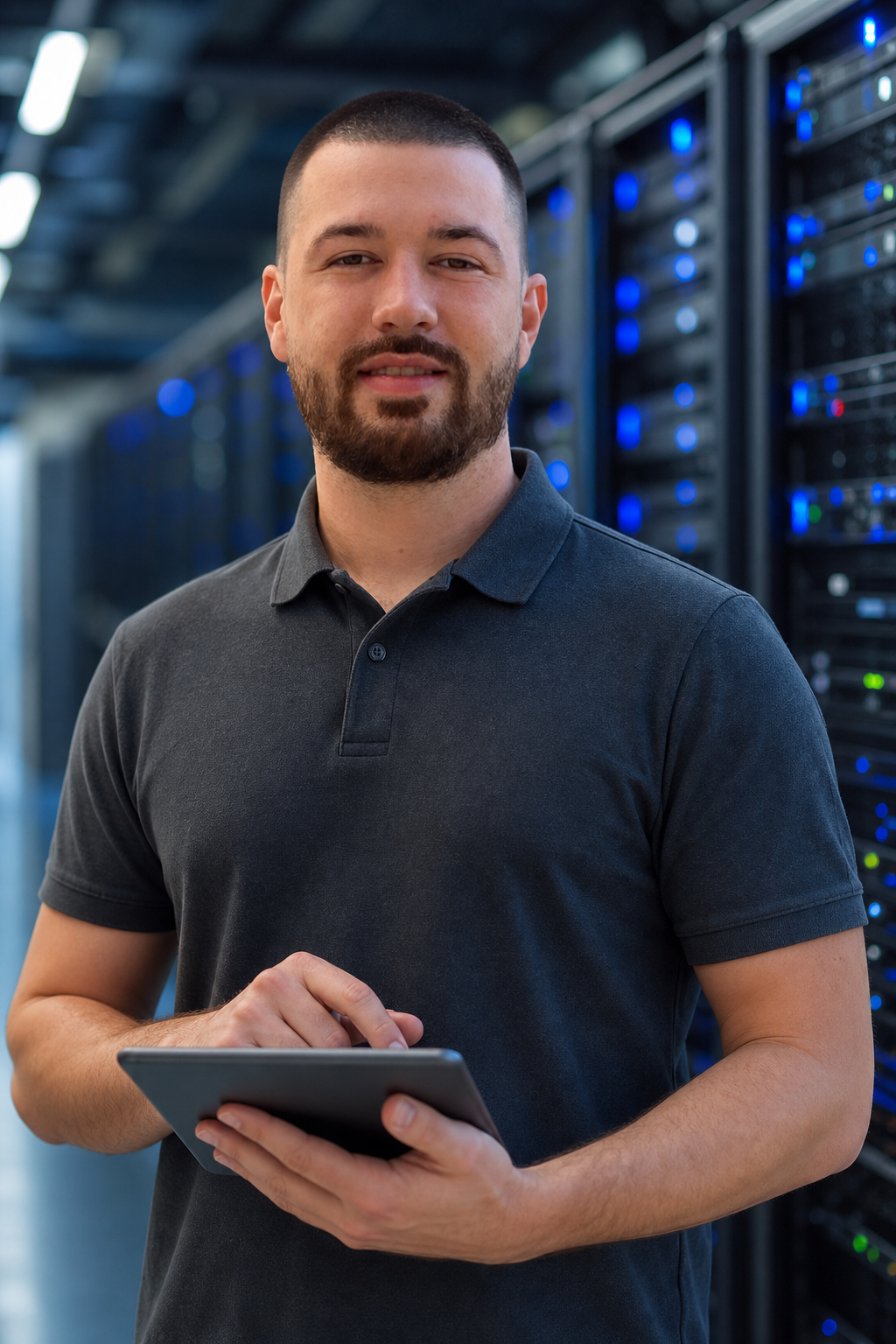 Chandler Drake Talley photo: in a server room with a tablet Chandler Drake Talley, Senior AI Engineer — in a server room with a tablet