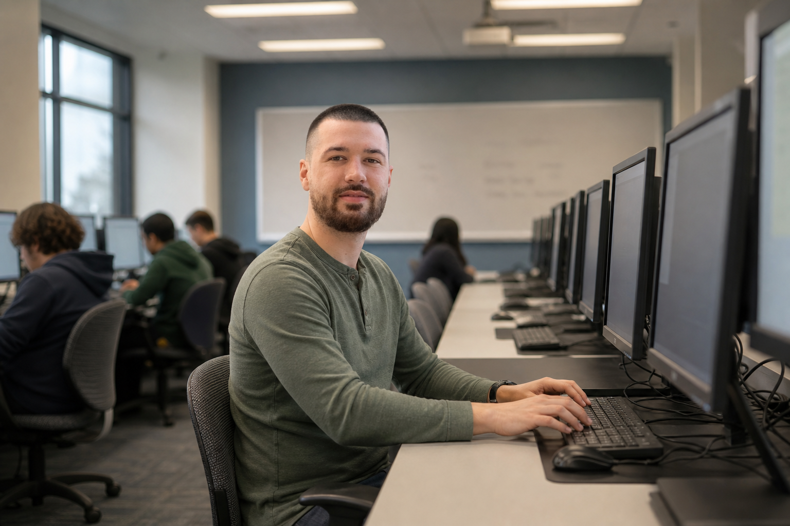 Chandler Drake Talley photo: in a tech classroom at a computer Chandler Drake Talley, Senior AI Engineer — in a tech classroom at a computer