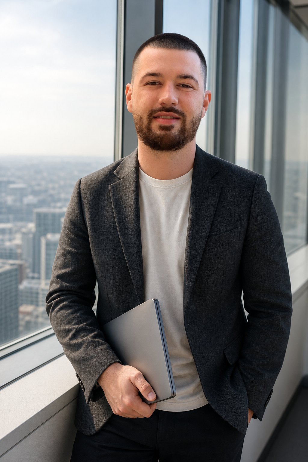 Chandler Drake Talley photo: office tower window portrait Chandler Drake Talley, Senior AI Engineer — office tower window portrait