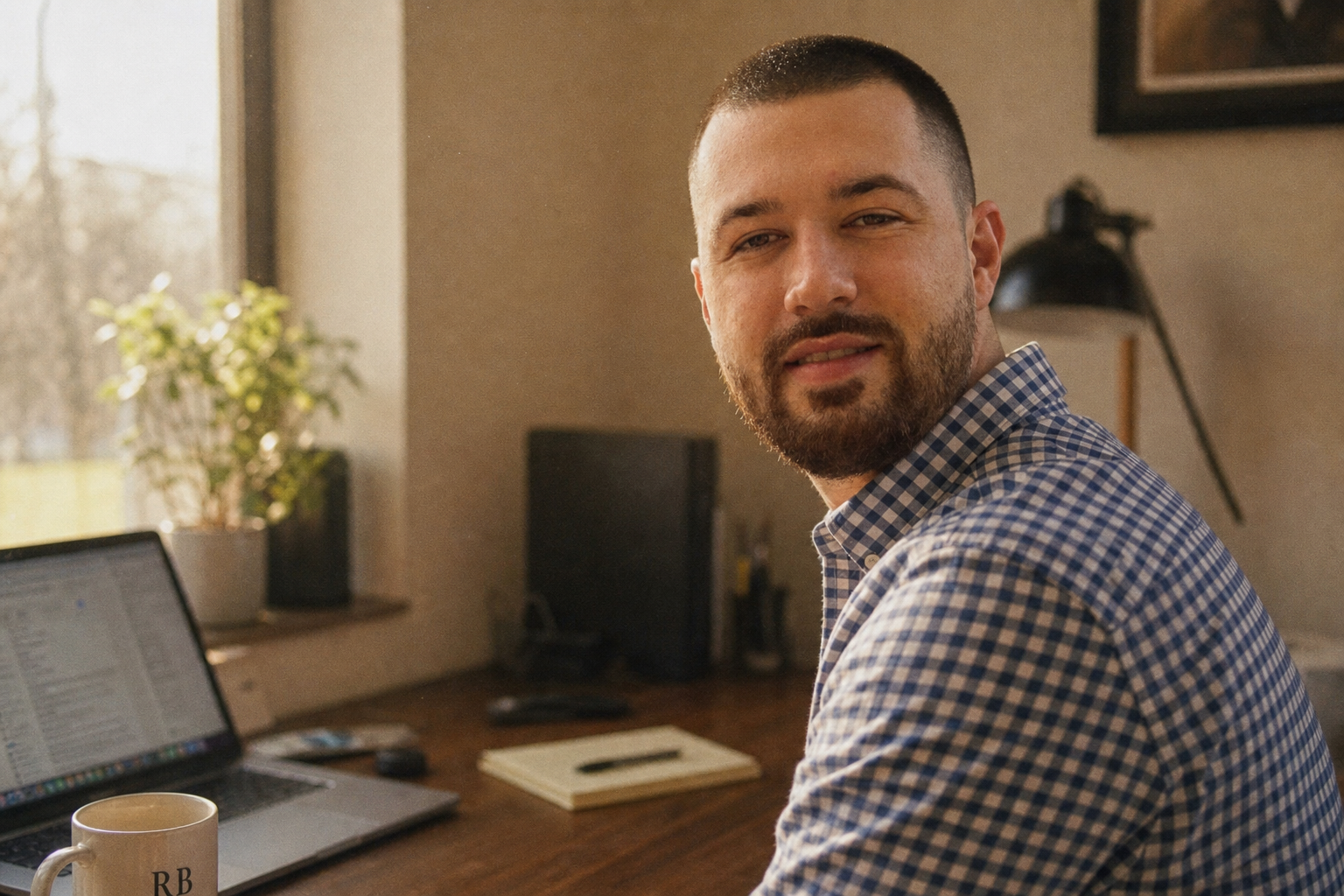 Chandler Drake Talley photo: warm-lit desk portrait at a computer Chandler Drake Talley, Senior AI Engineer — warm-lit desk portrait at a computer