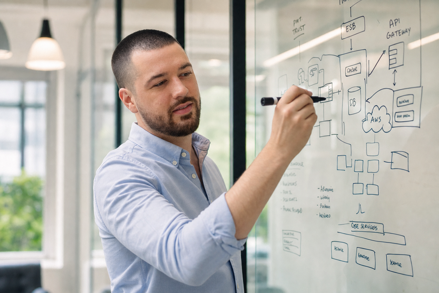 Chandler Drake Talley photo: diagramming system design on a whiteboard Chandler Drake Talley, Senior AI Engineer — diagramming system design on a whiteboard