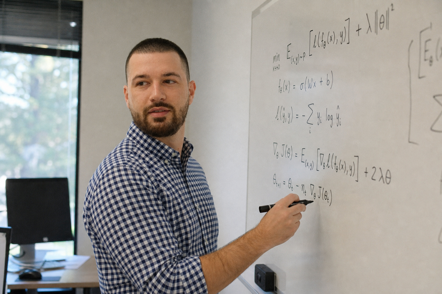 Chandler Drake Talley photo: writing equations on a whiteboard Chandler Drake Talley, Senior AI Engineer — writing equations on a whiteboard
