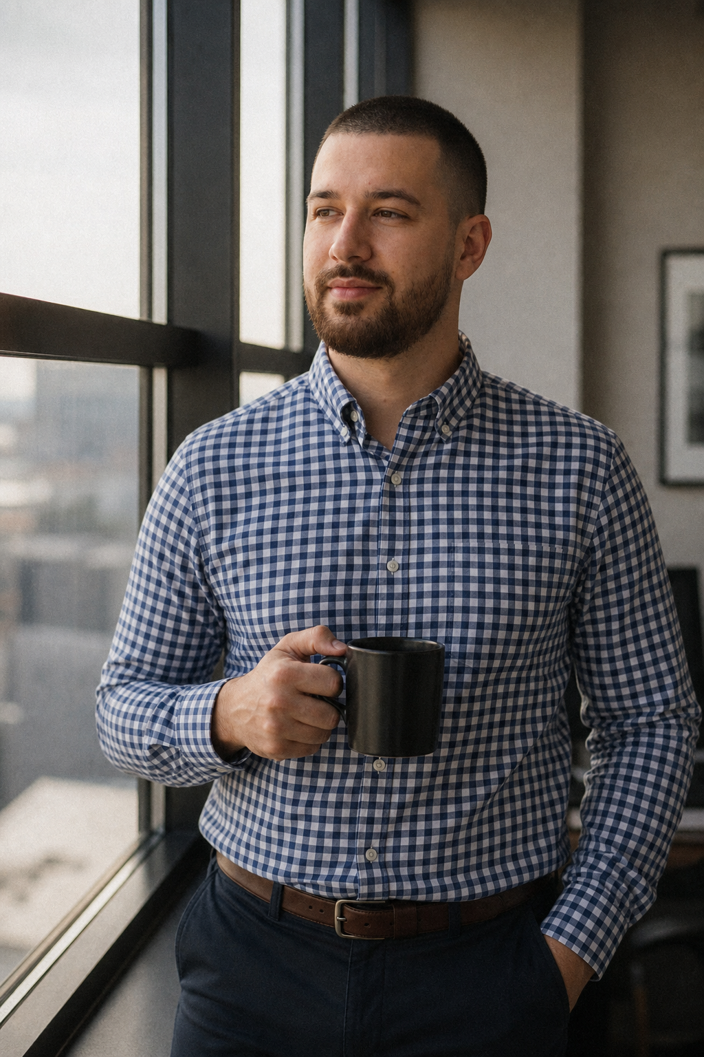 Chandler Drake Talley photo: thinking by an office window Chandler Drake Talley, Senior AI Engineer — thinking by an office window